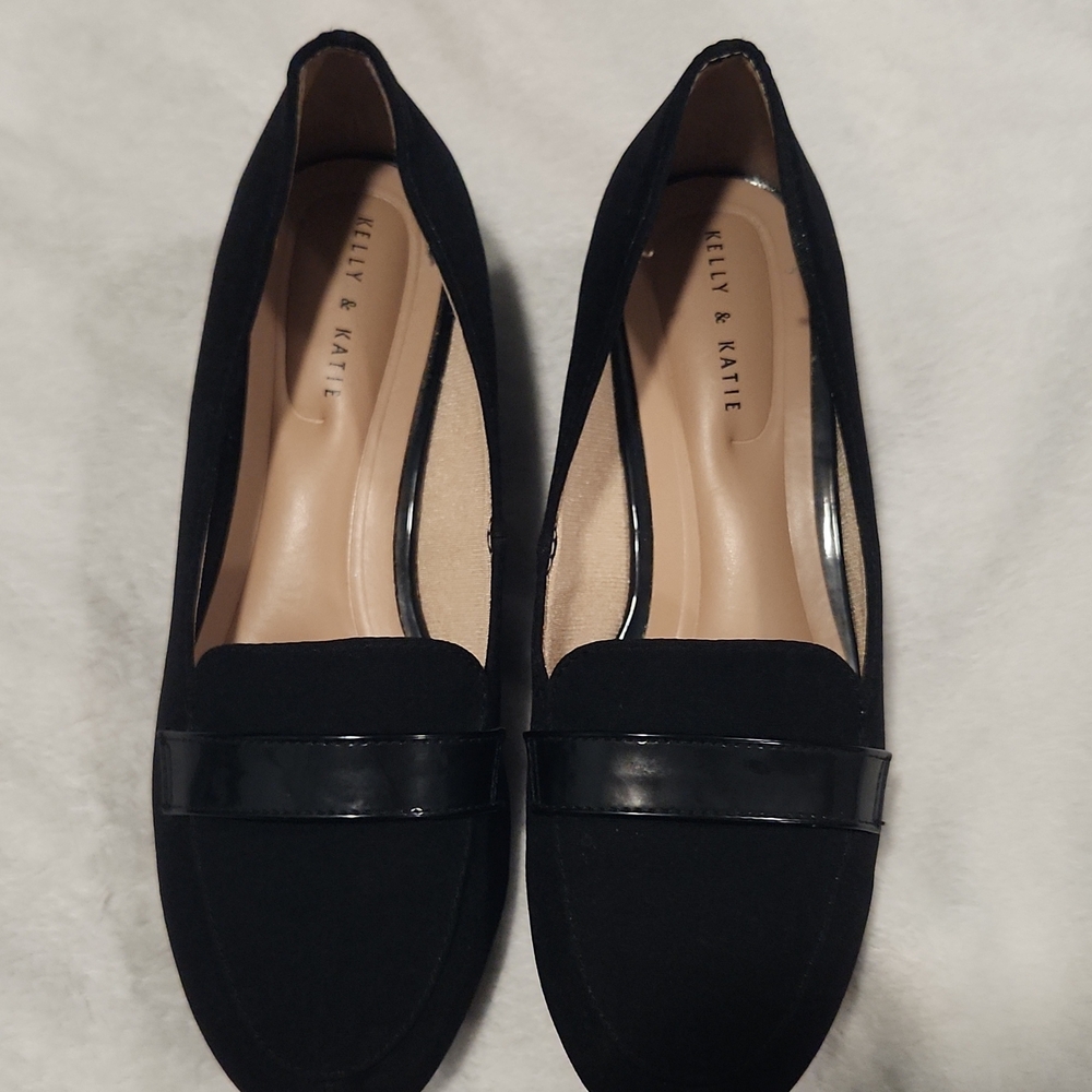 Kelly & Katie Black Suede Loafers with Patent Strap